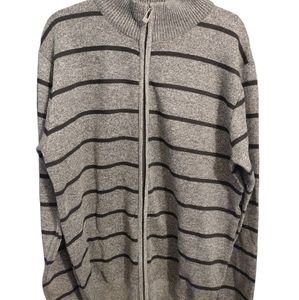 True Rock Grey and Black Striped full zip  mock turtleneck cardigan